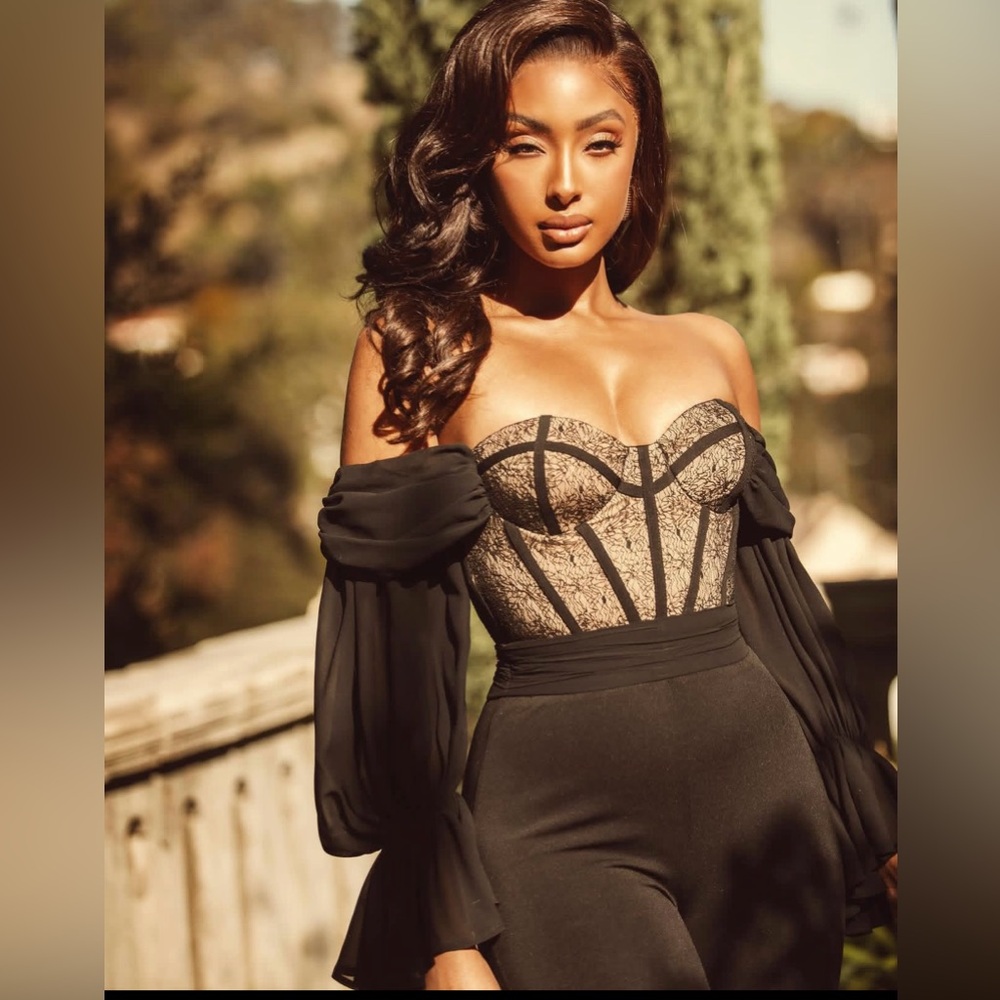 MISS CIRCLE NY Hannah Black Lace Corset off Shoulder Jumpsuit - Picture 3 of 13